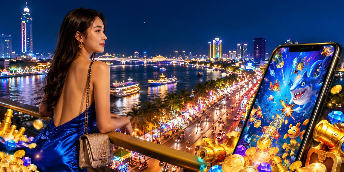 Màn hình neon trò chơi bắn cá tại vùng sông Mekong